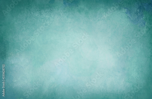 Blue green watercolor background texture with soft mottled white center and painted marbled border, old textured elegant blank background design
