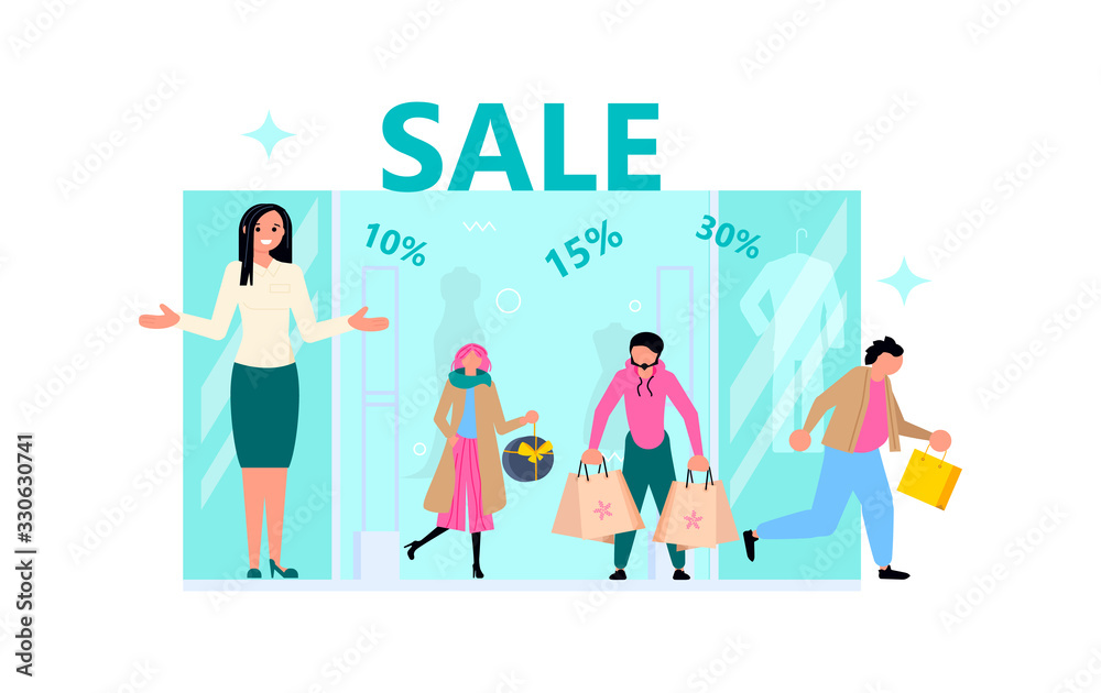Friendly female seller invites Friendly female seller invites