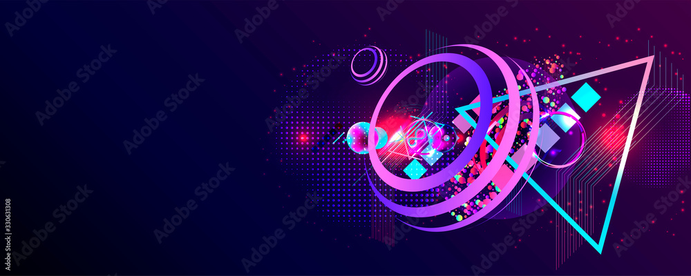 Fototapeta Dark retro futuristic art neon abstraction background cosmos new art 3d starry sky glowing galaxy and planets blue circles. Vector design. Eps 10
