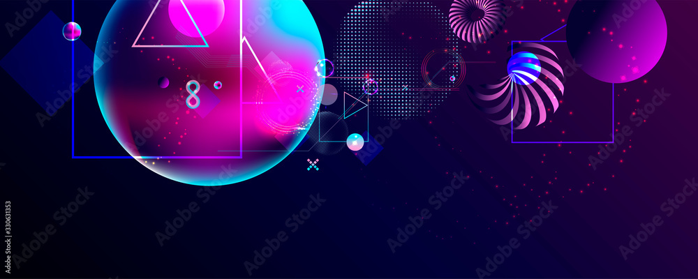 Fototapeta Dark retro futuristic art neon abstraction background cosmos new art 3d starry sky glowing galaxy and planets blue circles. Vector design. Eps 10