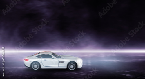 3D rendering white sport car creative blurry outdoor asphalt background with mist light high speed