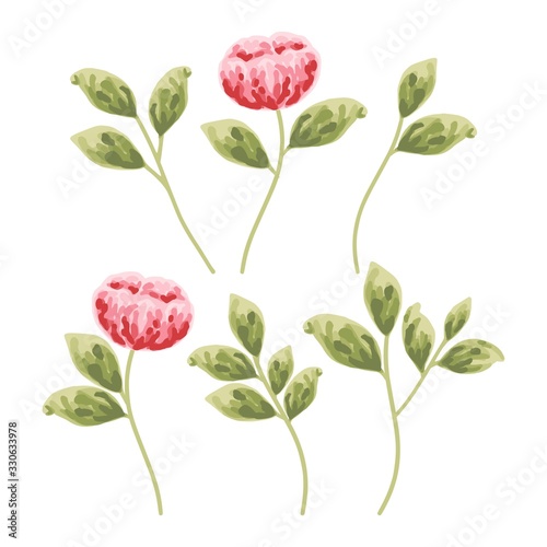 Red and pink peony flowers and green leaves  isolated on white background. Watercolor painting for wedding invitations  greeting card  and design