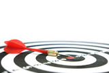 Conceptual photo of business strategy / accuracy - a red arrow that sticks directly in the center of the target dartboard