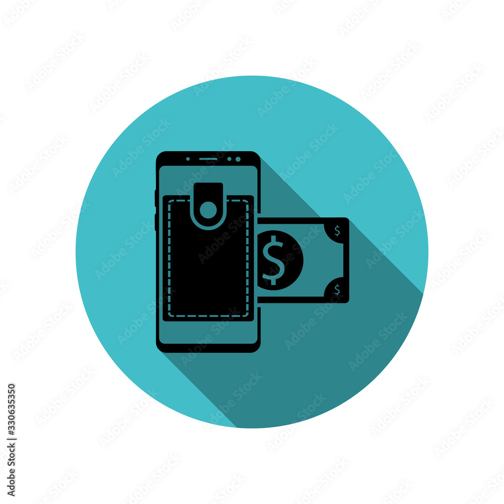 Smartphone wallet, usd long shadow icon. Simple glyph, flat vector of mobile concept icons for ui and ux, website or mobile application Smartphone wallet, usd long shadow icon. Simple glyph, flat vector of mobile concept icons for ui and ux, website or mobile application