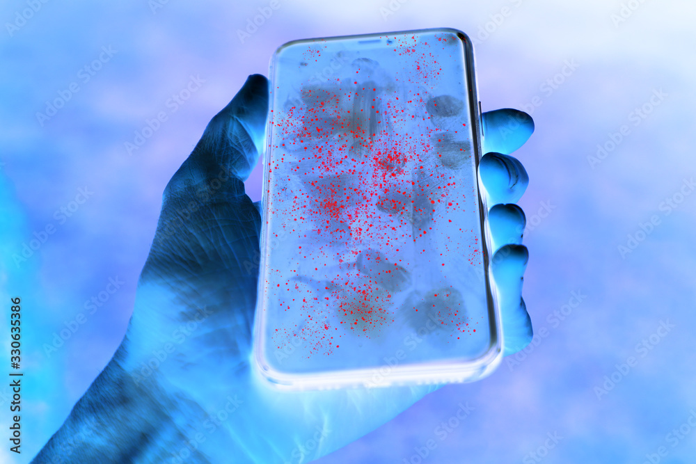 Dirty mobile phone screen with invisible germs shown in contrast - obrazy, fototapety, plakaty 