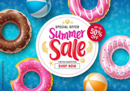 Summer sale vector banner design. Summer sale discount typography in white circle space for text with beach floaters in donuts design and beach ball elements in swimming pool background. Vector 