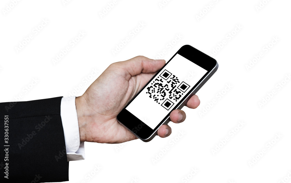 QR code scanning payment and verification. Hand using mobile smart phone scan QR code, isolated on white background QR code scanning payment and verification. Hand using mobile smart phone scan QR code, isolated on white background