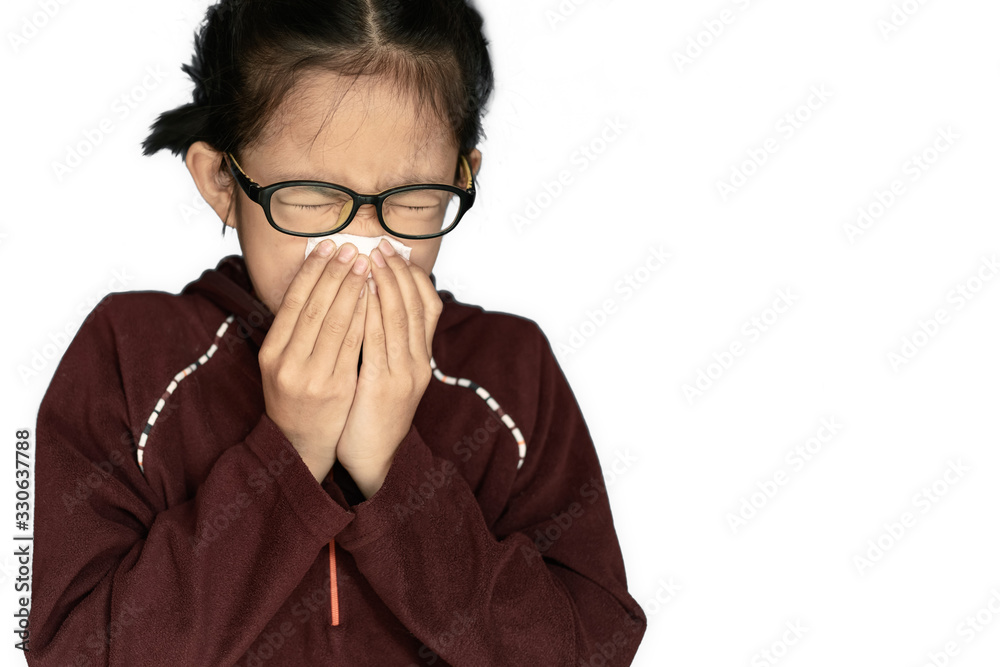 child sneezing in handkerchief wiping nose, sick allergic guy caught cold got flu influenza hay fever coughing, having seasonal allergy symptoms respiratory contagious disease