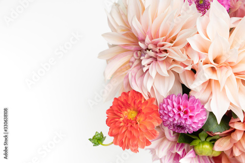 Lovely dahlia flower flat lay floral background with white copy space