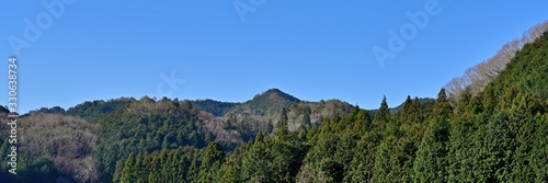 青空バックに冬枯れの山麓公園のパノラマ情景