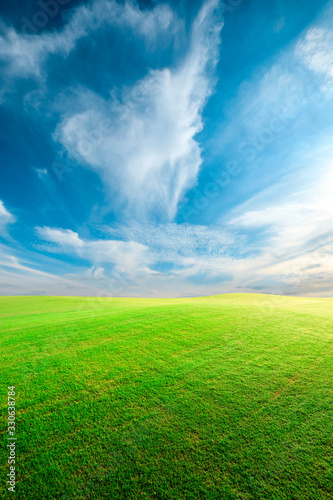 Green grass field and blue sky with white clouds.