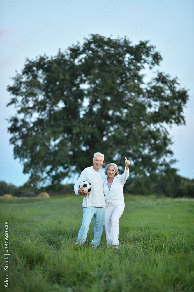 Happy beautiful senior couple in summer field with ball Happy beautiful senior couple in summer field with ball