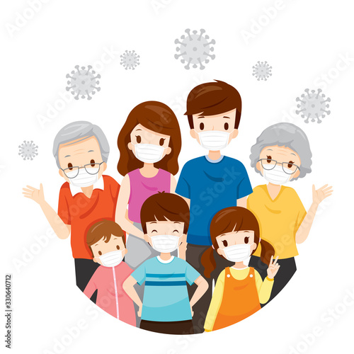 Family Wearing Face Masks For Prevent Coronavirus Disease, Covid-19 Virus and Pollutions, Health Protection