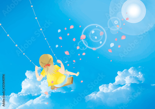 青空：空 快晴 青空 ブランコ 子供 幼児 かわいい 水彩 フレーム 枠 入道雲 雲 空 光 光彩
