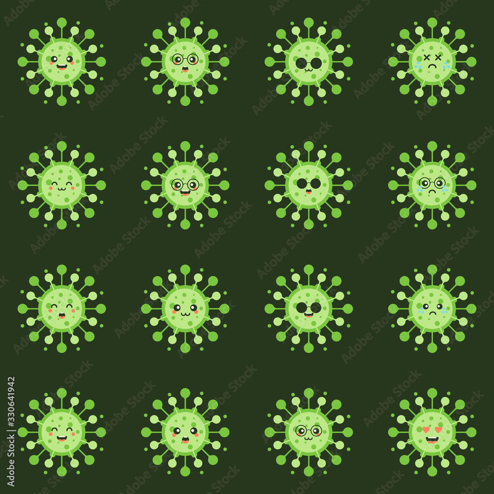 Corona Virus character with face expression. virion of Coronavirus on color background. 2019-nCoV. the virus that caused epidemic of pneumonia in China. Vector illustration for science and medical us Corona Virus character with face expression. virion of Coronavirus on color background. 2019-nCoV. the virus that caused epidemic of pneumonia in China. Vector illustration for science and medical us