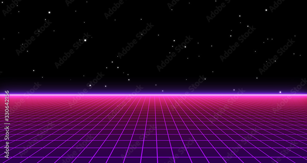 Retro cyberpunk style 80s Sci-Fi Background Futuristic with laser grid landscape. Digital cyber surface style of the 1980`s. 3D illustration