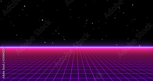Obraz na płótnie Retro cyberpunk style 80s Sci-Fi Background Futuristic with laser grid landscape. Digital cyber surface style of the 1980`s. 3D illustration w salonie