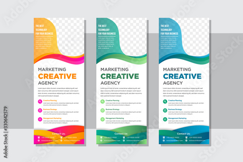 Roll up creative marketing agency banner stand template design with fluid gradient and paper cut style on bottom. wave element and space for photo. vertical layout web page banner.