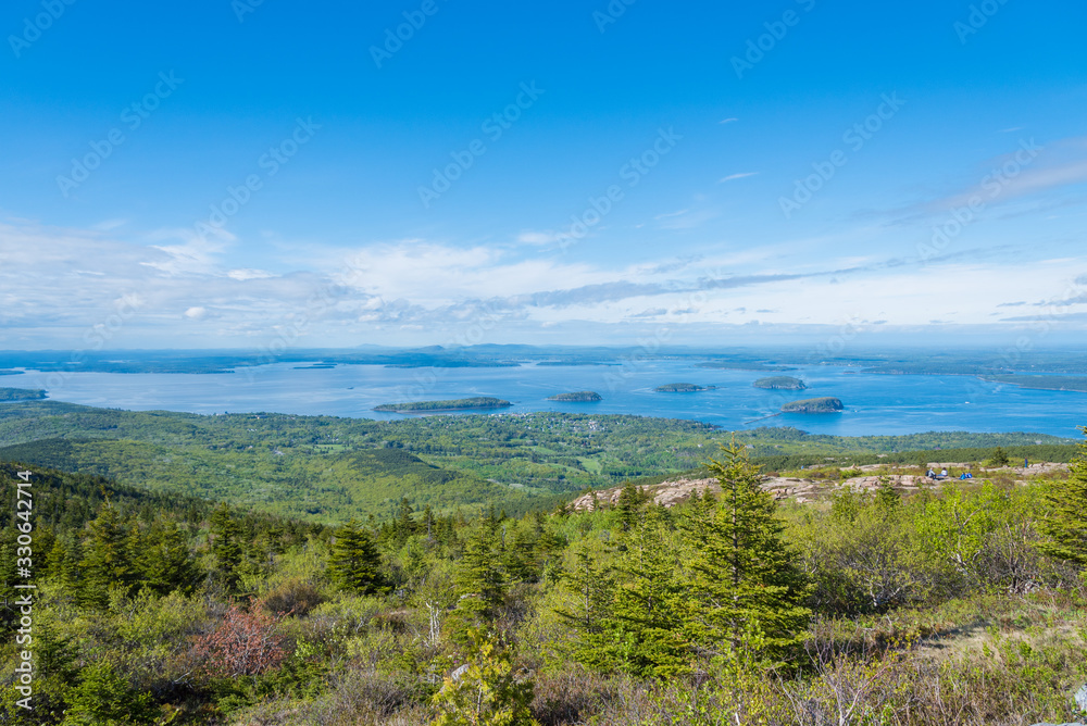 Amazing view of beautiful small islands from Cadillac mountain in Acadia National Park Maine USA