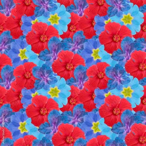 Hibiscus  gladiolus  primula  primrose. Illustration  texture of flowers. Seamless pattern. Floral background  photo collage for production of textile  cotton fabric. For wallpaper  covers