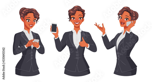 Woman texting, calling, showing thumb up with smartphone. Full size under clipping mask. Set of vector characters.