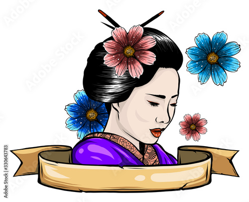 geisha among blooming flowers vector illustration design