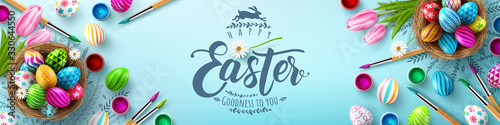 Easter poster and banner template with Easter eggs in the nest on light green background.Greetings and presents for Easter Day in flat lay styling.Promotion and shopping template for Easter