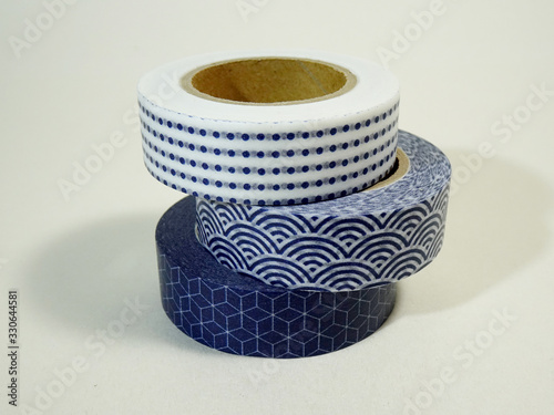 Three washi tapes: White blue polkadot, white blue waves pattern and white blue geometric pattern
