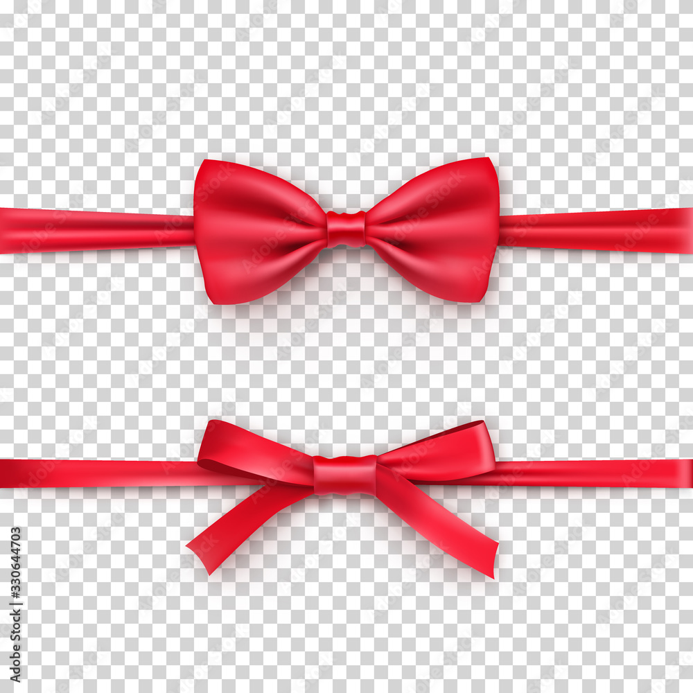 Red bow tie and thin gift bow from satin tape isolated on transparent background. Realistic decoration for any holidays presents. Christmas and new year realistic object from silk vector illustration.