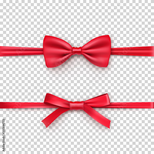 Red bow tie and thin gift bow from satin tape isolated on transparent background. Realistic decoration for any holidays presents. Christmas and new year realistic object from silk vector illustration.