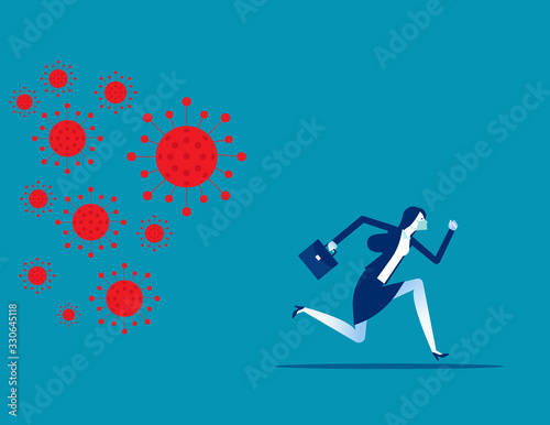 Businesswoman run away from COVID 19 virus. Implications for business