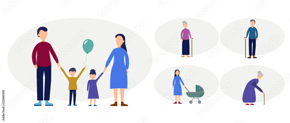 family characters set. with granny, mother, father, children design element for illustration. flat icon family characters set. with granny, mother, father, children design element for illustration. flat icon