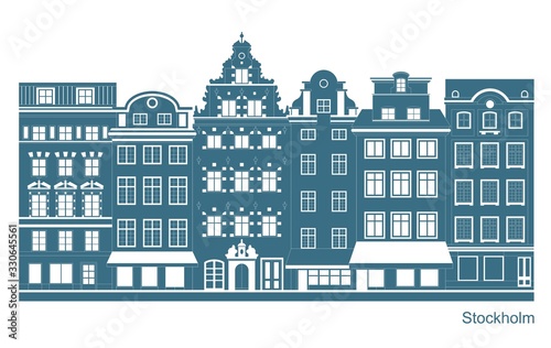 Stockholm - Stortorget place in Gamla stan. Stylized flat highly detailed illustration of an old European town