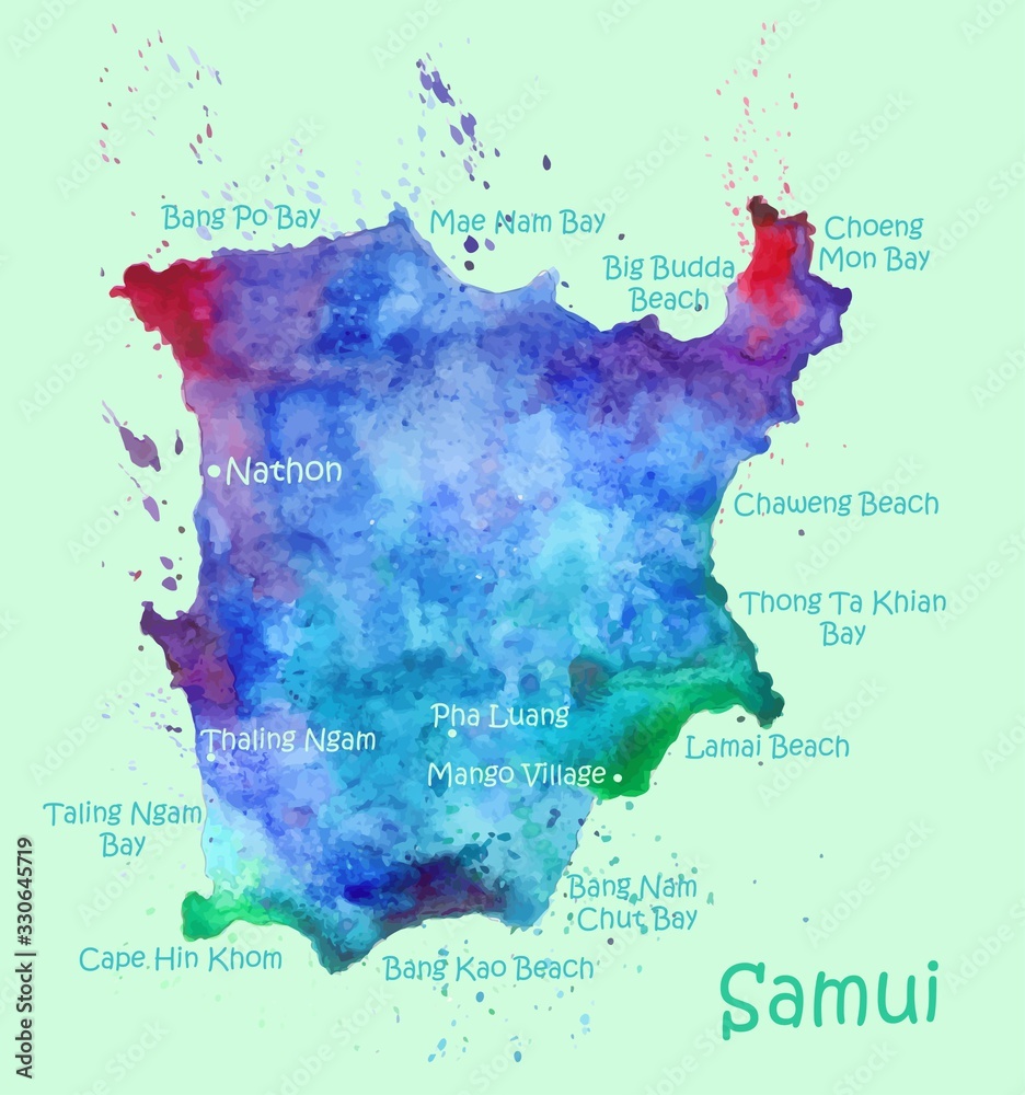 Obraz Watercolor map of Koh Samui with localities. Stylized image with spots and splashes of paint