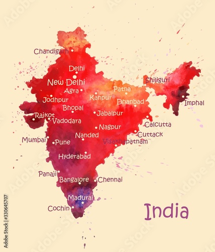 Watercolor map of India with cities. Stylized image with spots and splashes of paint