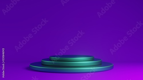 Futuristic empty stage elegant violet and blue background with abstract podium.Interior Backdrop for Landing Page, Showcase, Product Presentation. 3d illustration, 3d rendering.