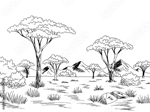 Savannah graphic black white landscape sketch illustration vector