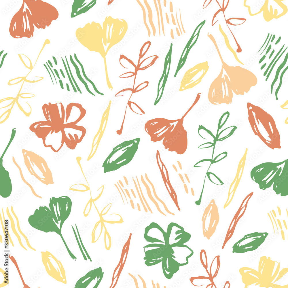 Seamless pattern with hand drawn flowers and ginkgo leaves. Seamless pattern with hand drawn flowers and ginkgo leaves.