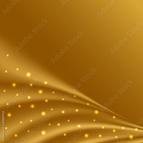Golden satin waves with glowing sparkles.Gold silk background for luxurious cover or banner design. Vector illustration