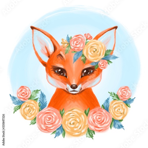 Cute hand drawn baby princess fox with floral wreath, bouquet, flowers photo