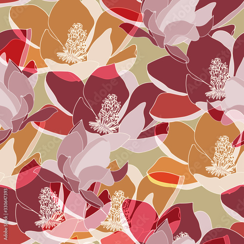 Large gold, orange, yellow and dark blue inflorescences of flowers. Floral seamless pattern.