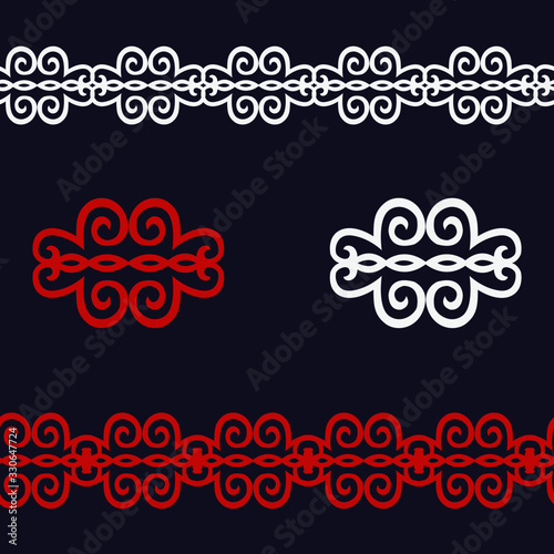 Set of 2 seamless border and vector ornamental elements with motifs of Kazakh, Kyrgyz, Uzbek, national Asian decor for borders, textile, plate, tile, and print design. Workpiece for your design. 
