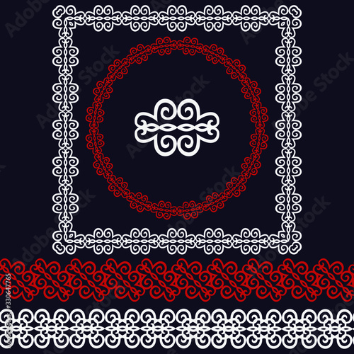 Set of 2 frame, 2 seamless border and vector ornamental elements with motifs of Kazakh, Kyrgyz, Uzbek, national Asian decor for borders, textile, plate, tile, and print design. Workpiece for your desi