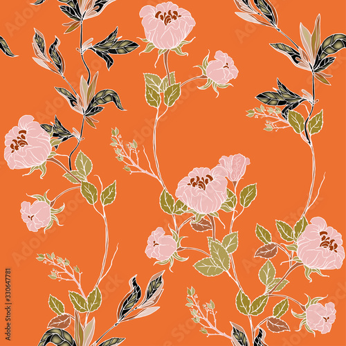 Delicate pink twigs of wild roses with inflorescences, leaves and petals on a dark blue background. Floral seamless pattern.