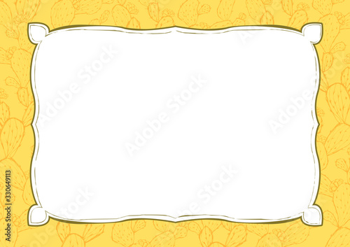 レトロなサボテン柄の背景素材　黄色　手書きイラスト　メニュー表　植物柄