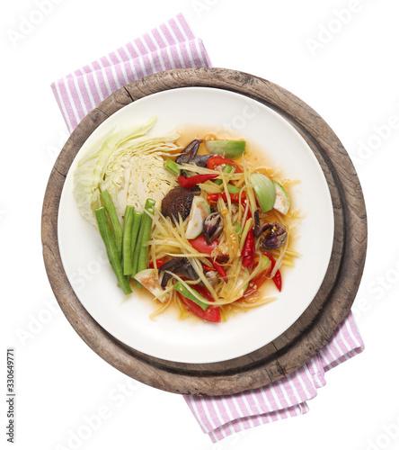 Spicy crab papaya salad, Sea crab Somtum Salad, Thai food on White background photo