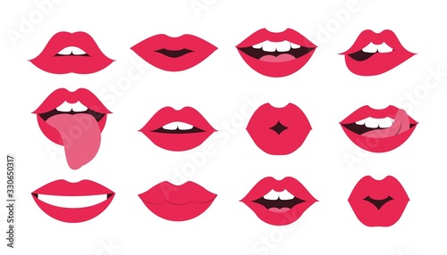 Lips kiss set. Sexy mouth smile. Female red cartoon smile. Lipstick glamour vector shape