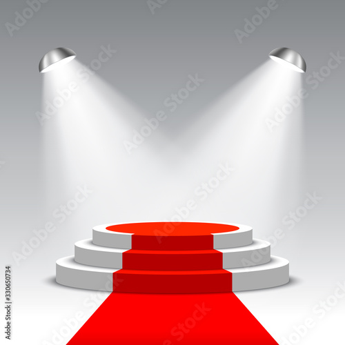 Stage for awards ceremony. White podium with red carpet. Pedestal with spotlights. Scene. Vector illustration.