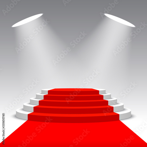 Stage for awards ceremony. White podium with red carpet. Pedestal with spotlights. Scene. Vector illustration.