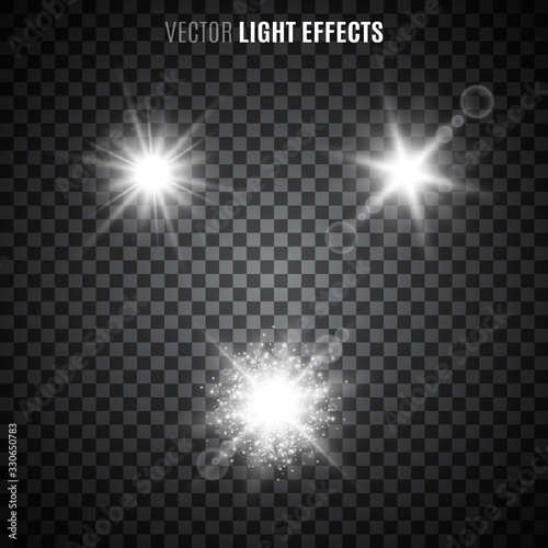Set of light effects on transparent background. White starlight, sun rays, flares, sparkles. Glittering lights. Vector illustration.